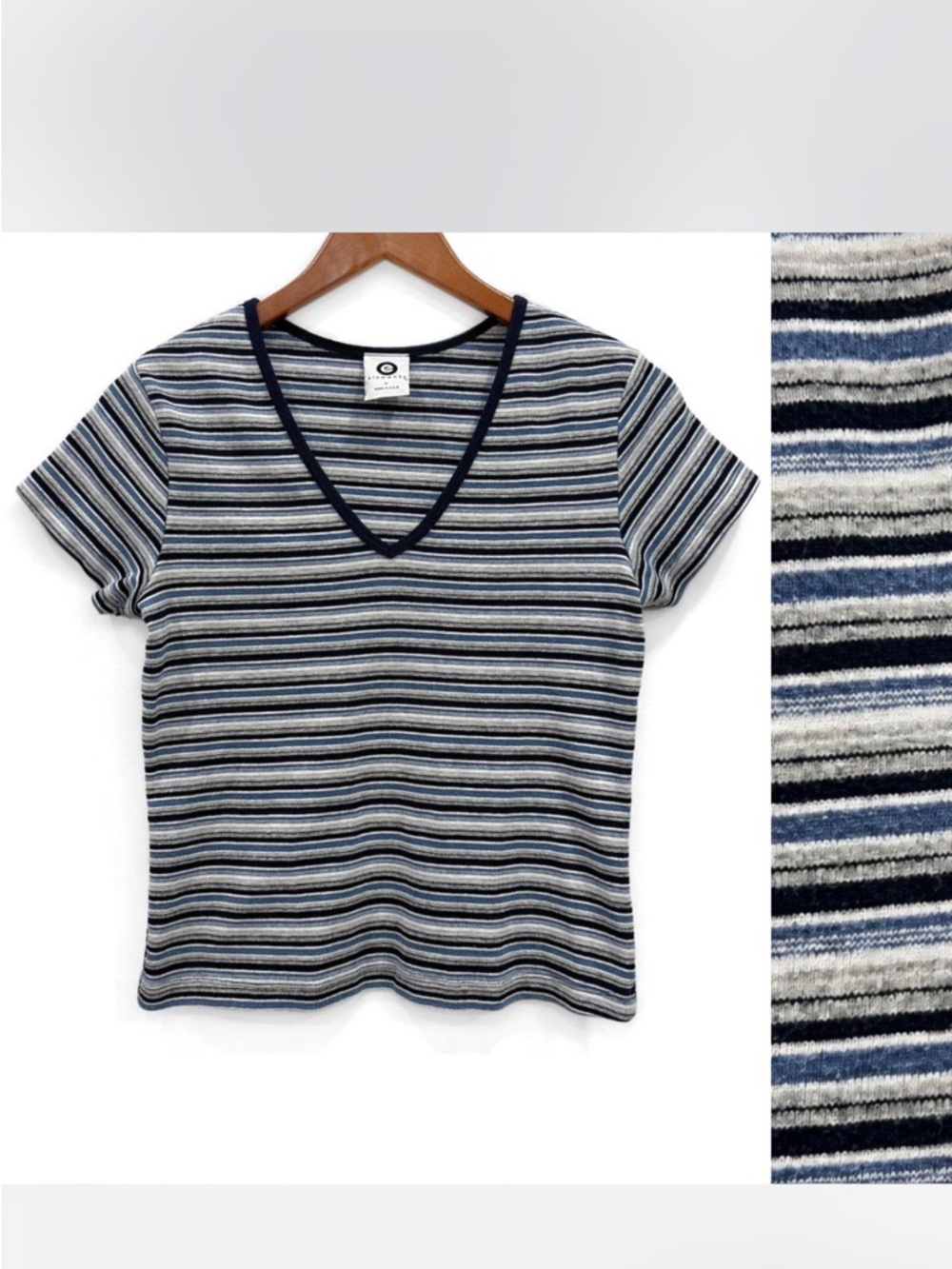 Vintage Y2K Baby Tee, Blue Gray Striped V-Neck Short Sleeve Top, Women's L